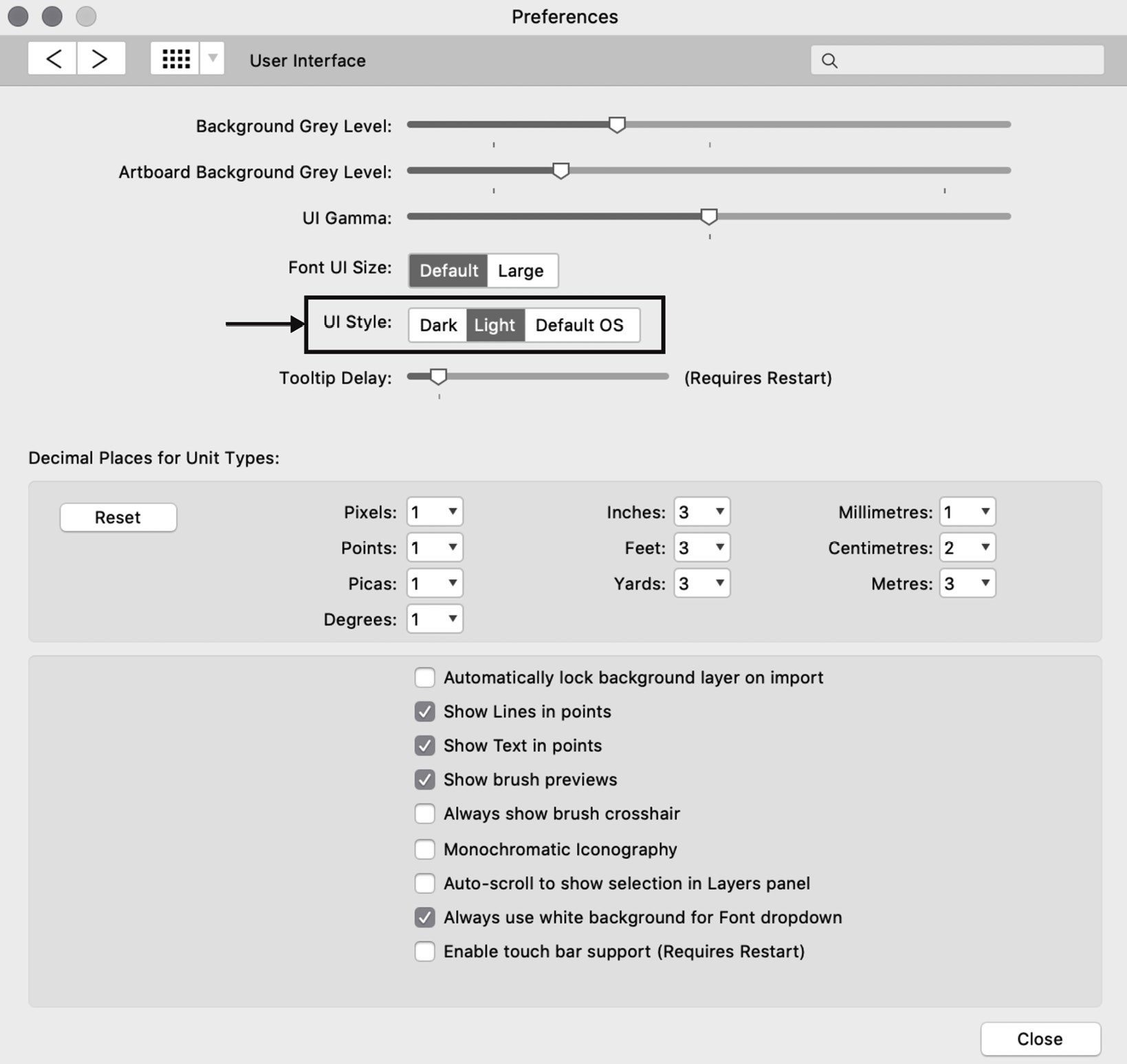 Figure 1.3 – Preferences panel – user interface
