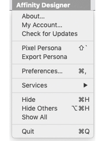 Figure 1.12 – The Affinity Designer menu dropdown
