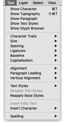 Figure 1.15 – The Text menu dropdown
