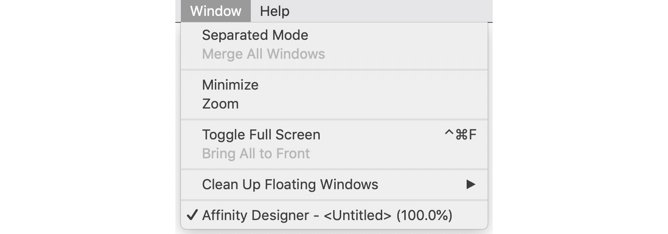 Figure 1.19 – The Window menu dropdown
