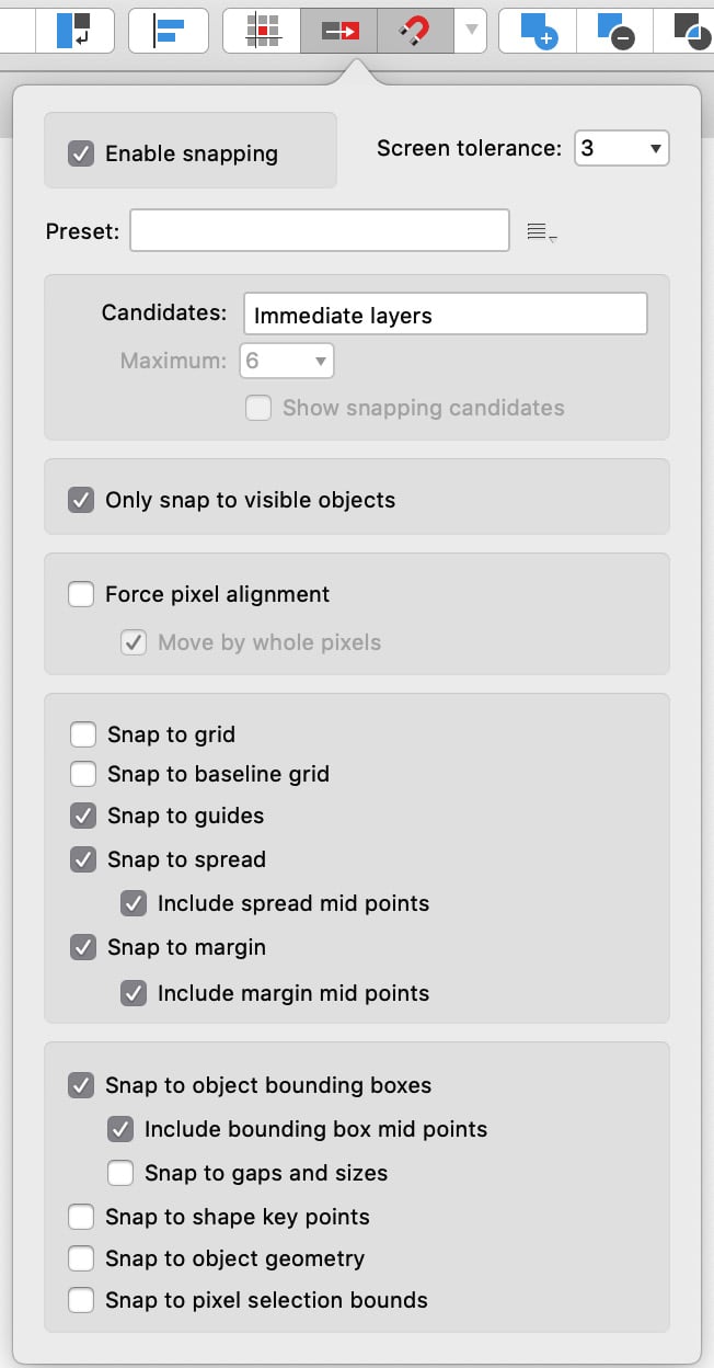 Figure 1.35 – Snapping options drop-down panel
