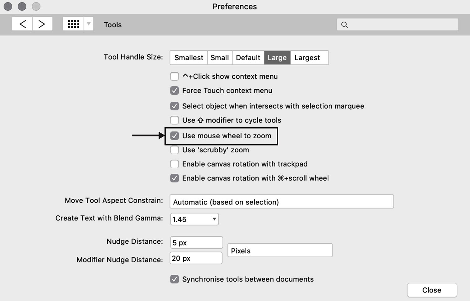  Figure 1.54 – Preferences panel – mouse wheel zoom enabled
