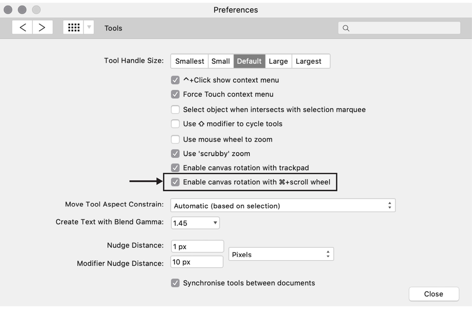 Figure 1.58 – Preferences panel – enable canvas rotation with the command key and scroll wheel enabled
