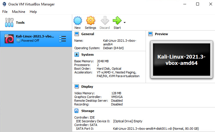 Figure 1.4 – VirtualBox showing Kali installed