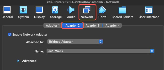 Figure 8.6 – Select Adapter 2 under Network in VirtualBox