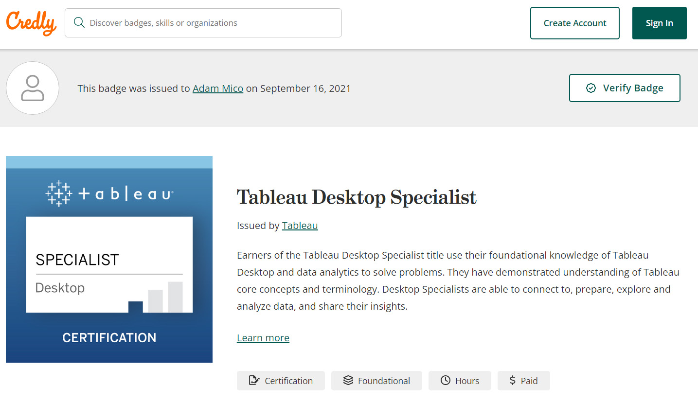 Figure 1.1 – Adam Mico’s Tableau Desktop Specialist verification page