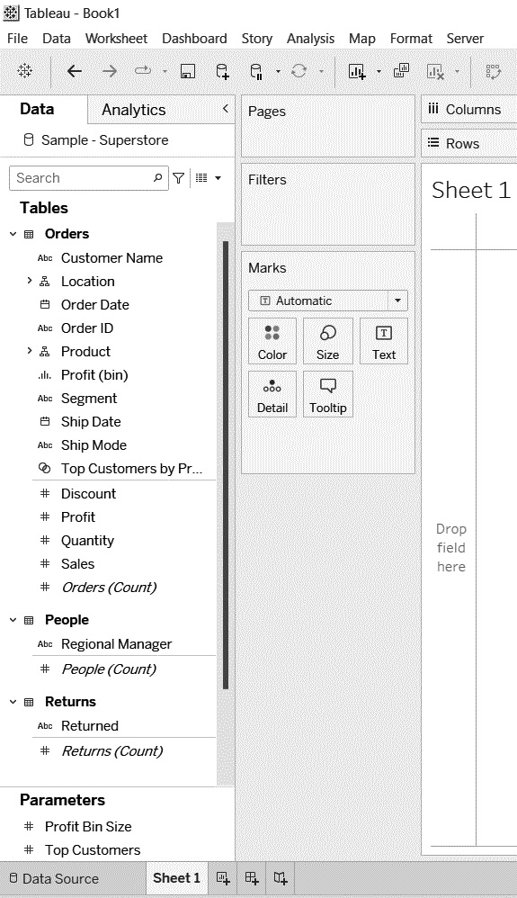 Figure 1.3 – Worksheet using Tableau’s default Sample – Superstore data