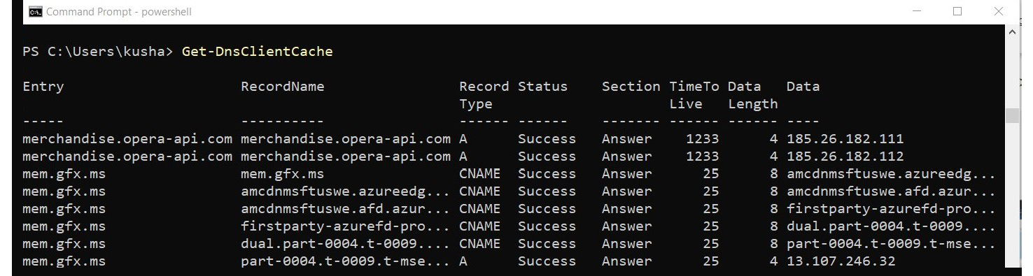 Figure 1.12 – Information retrieved by Get-DnsClientCache
