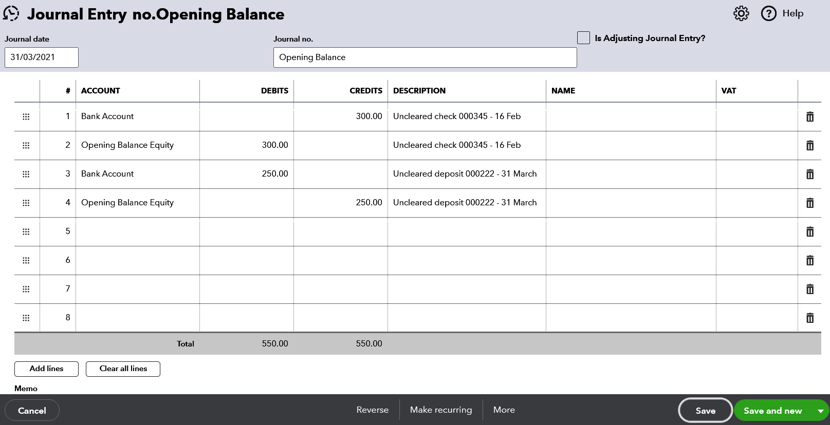 Figure 1.11 – Using a journal to account for uncleared bank entries 
