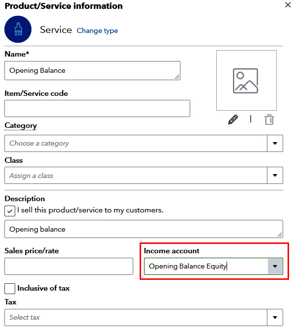 Figure 1.2 – Item/Service code for opening balance
