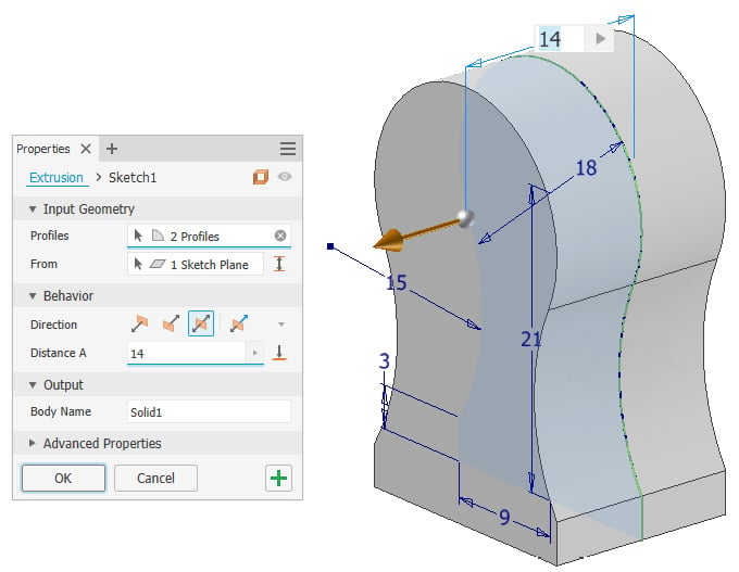 Figure 2.10: Extrusion of the profile applied at 14 mm from the center in both directions
