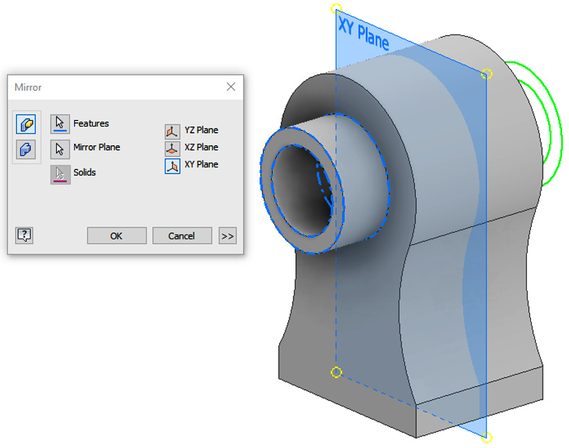 Figure 2.13: Mirror operation in action showing the plane and copied feature geometry
