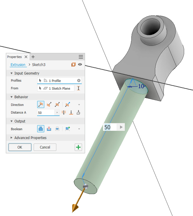 Figure 2.14: 10 mm circle extruded by 50 mm from the base of the part
