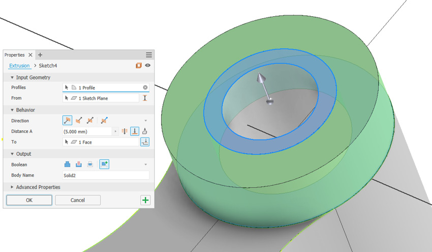 Figure 2.17: Creation of the new solid using the Extrusion command
