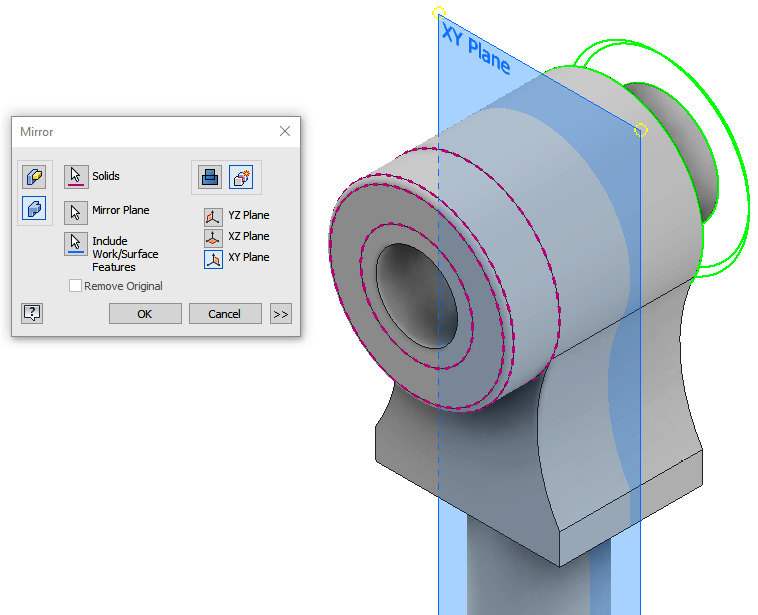 Figure 2.19: Mirror command dialog box showing the settings that need to be applied to mirror Solid2
