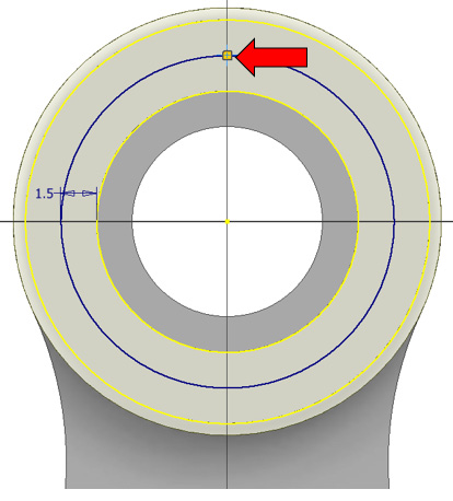 Figure 2.20: Sketch to be created on Solid2 with an arrow indicating the location of the sketch point
