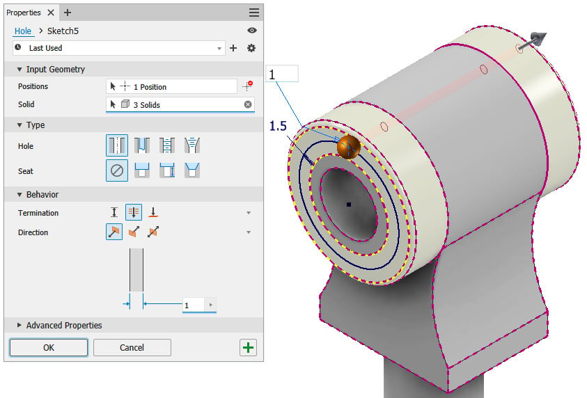 Figure 2.21: Hole command with settings applied in step 19, showing hole going through all three independent solids
