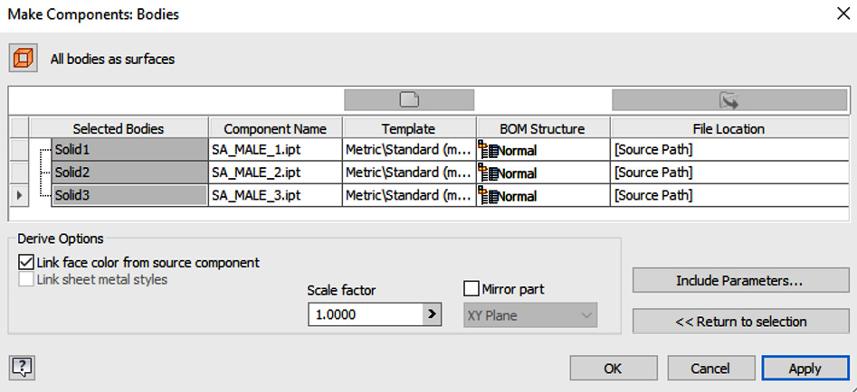 Figure 2.23: Make Components: Bodies dialog box with component names changed and templates redefined
