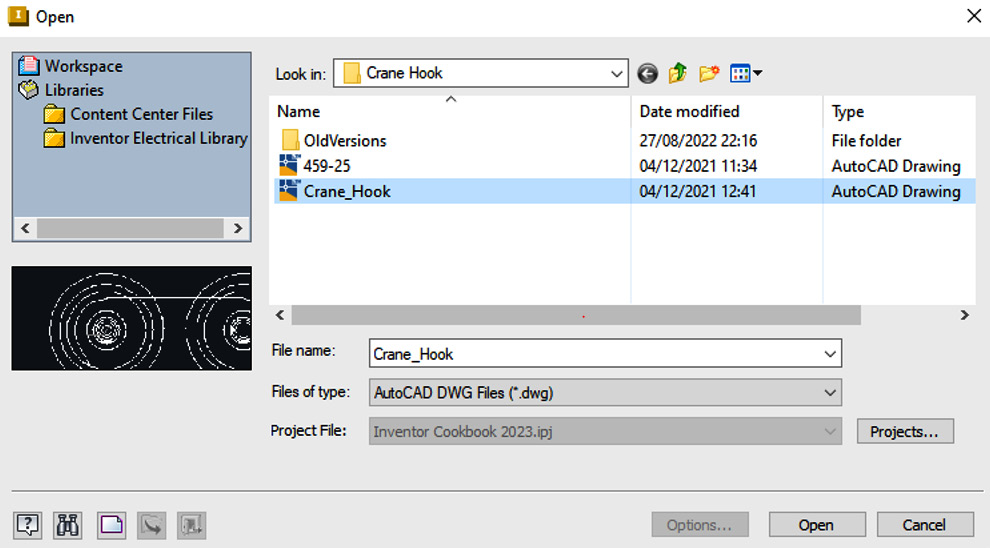 Figure 2.28: Crane_Hook.dwg location shown
