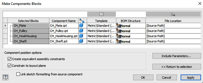 Figure 2.47: Sketch blocks in the Make Components menu, with templates configured to Standard (mm) .ipt
