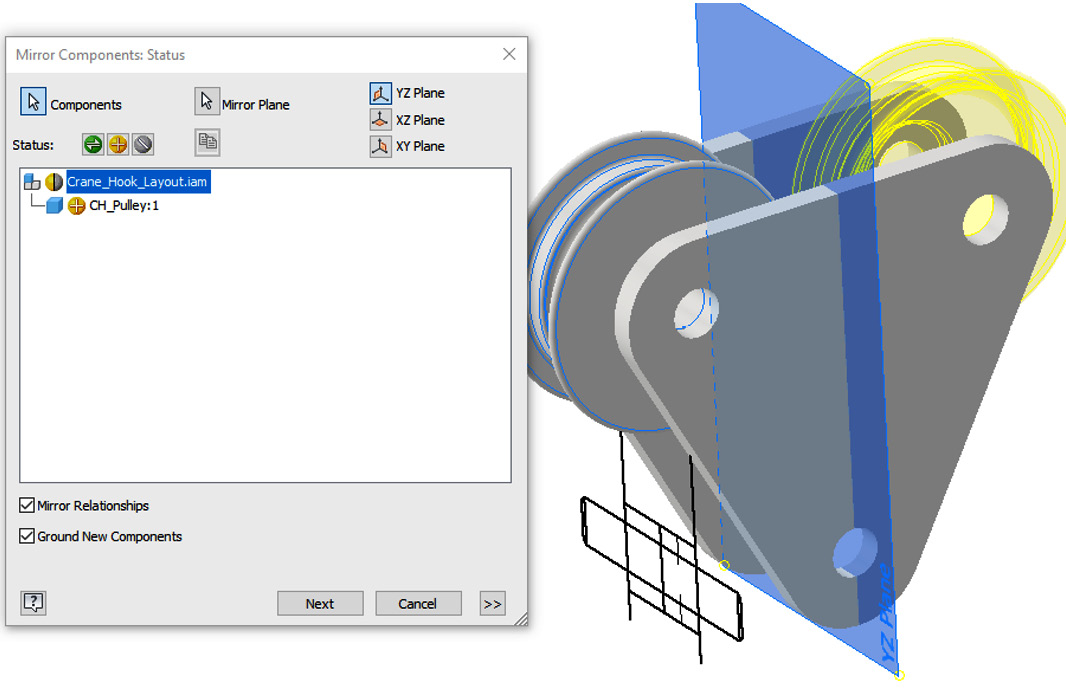 Figure 2.57: Mirror Components menu with a preview of the new CH_Pulley instance
