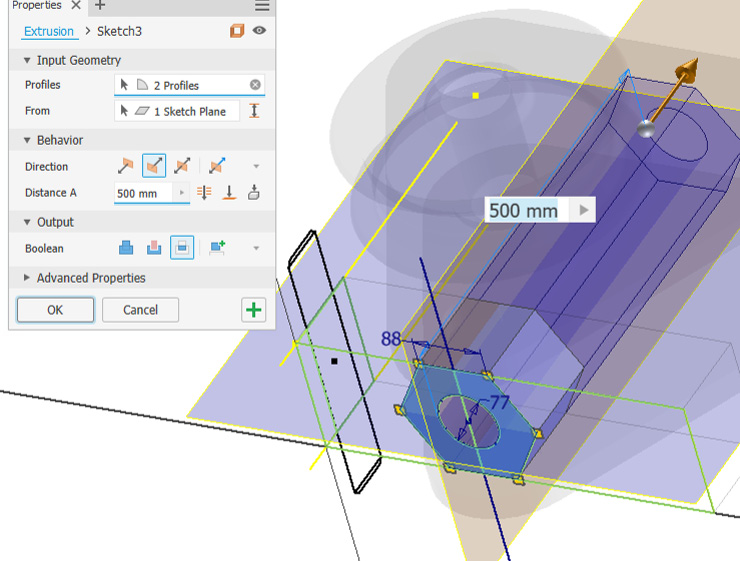 Figure 2.64: Extrude menu shown with profiles selected for the intersect operation
