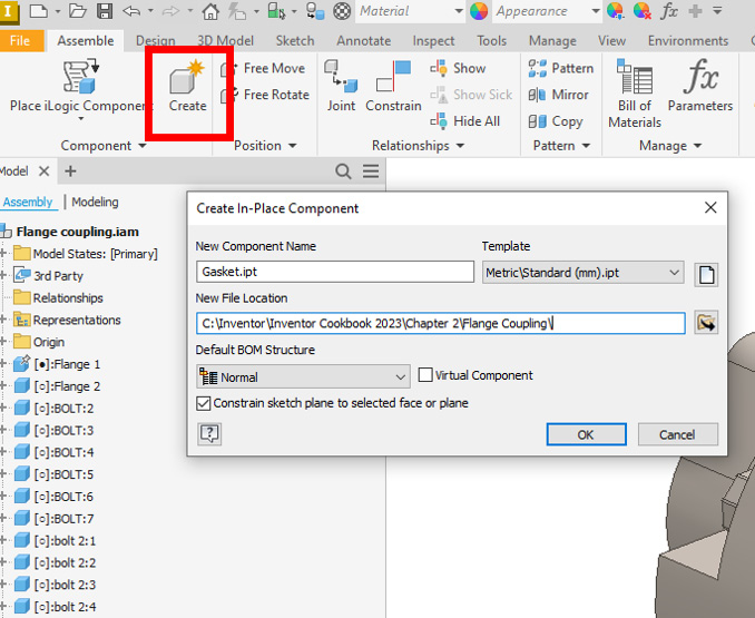 Figure 2.68: Create button in the ribbon, with the Create In-Place Component window active
