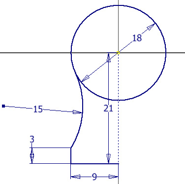 Figure 2.8: 15 mm three-point arc created with a tangency relationship applied between the arc and circle
