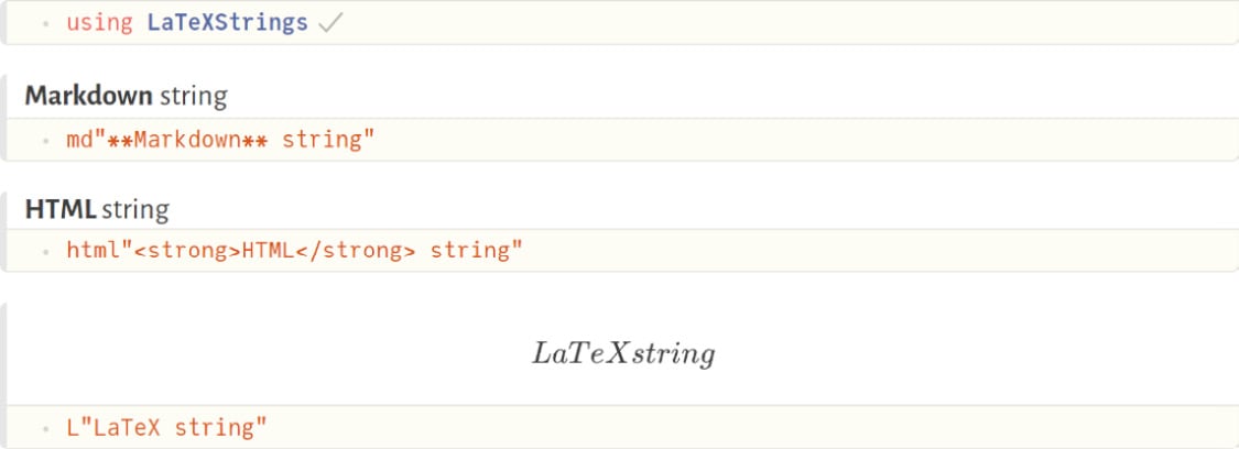 Figure 1.5 – Pluto rendering Markdown, HTML, and LaTeX strings
