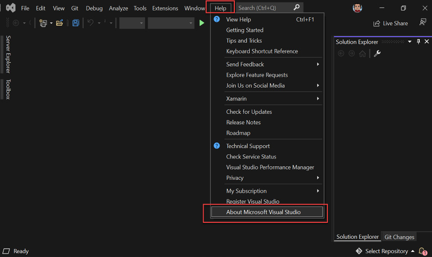 Figure 1.11 – The VS main screen and help menu
