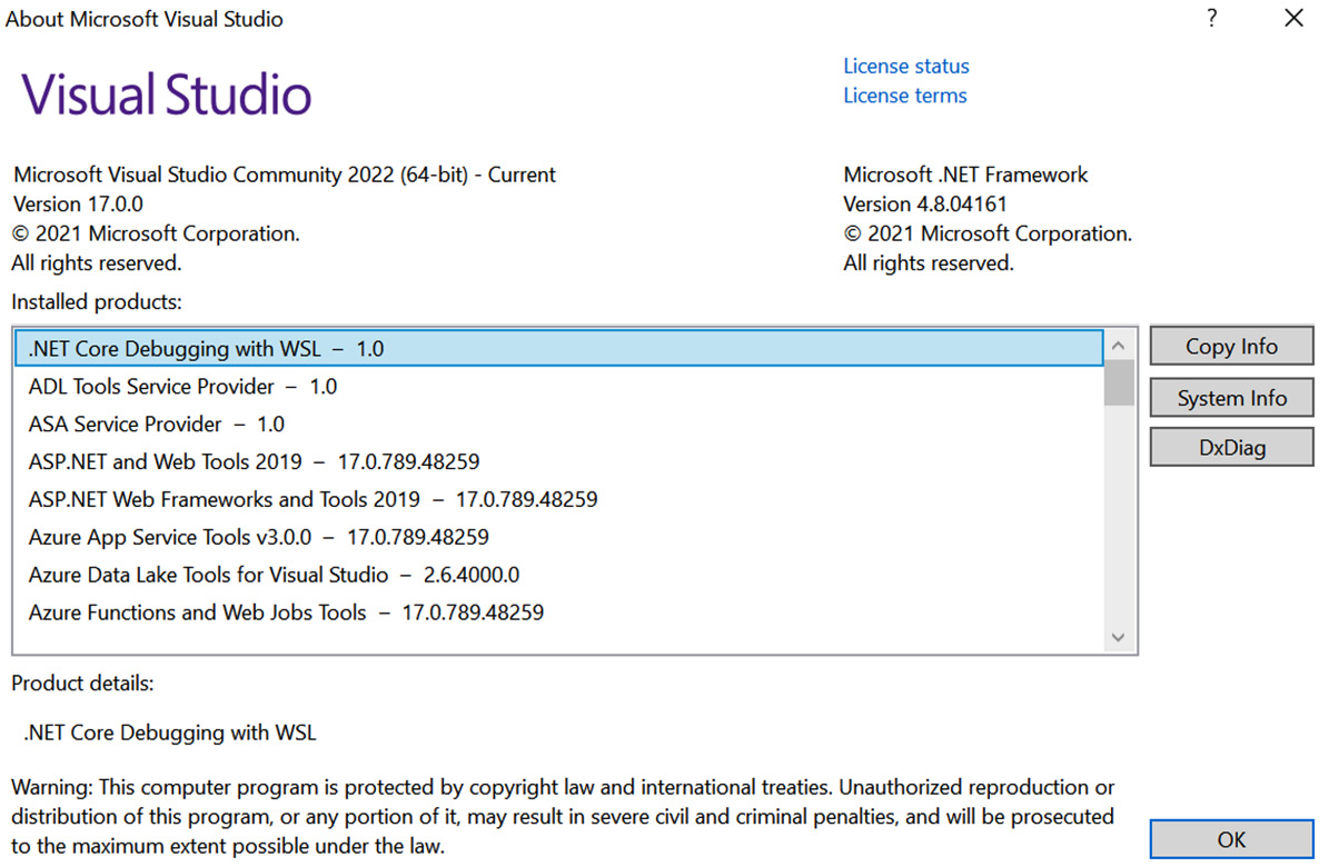 Figure 1.12 – The About Microsoft Visual Studio screen
