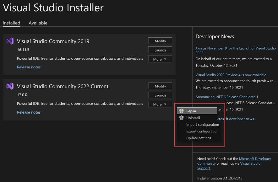 visual studio installer 2022