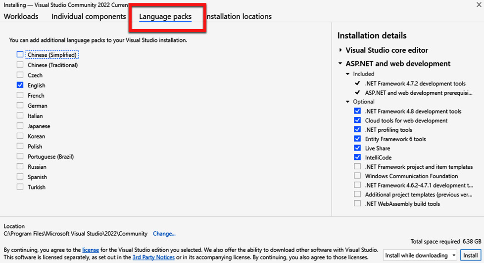 Figure 1.5  – The VS Language packs tab
