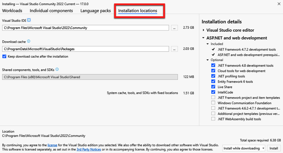 Figure 1.6 – The VS Installation locations tab
