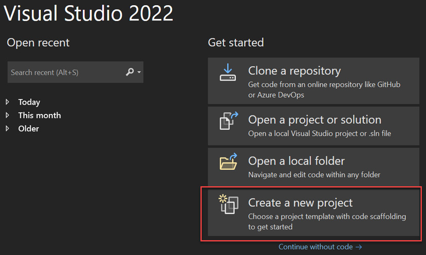 Figure 4.1 – The Visual Studio Create a new project option