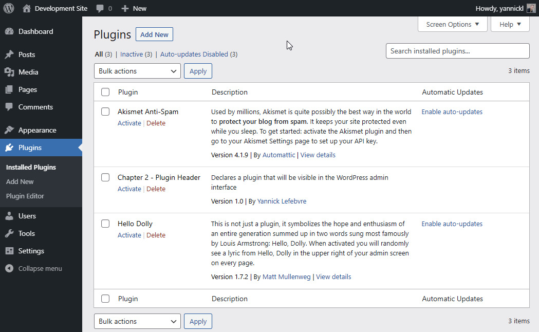 Figure 2.1 – The WordPress Plugins page showing the newly created plugin
