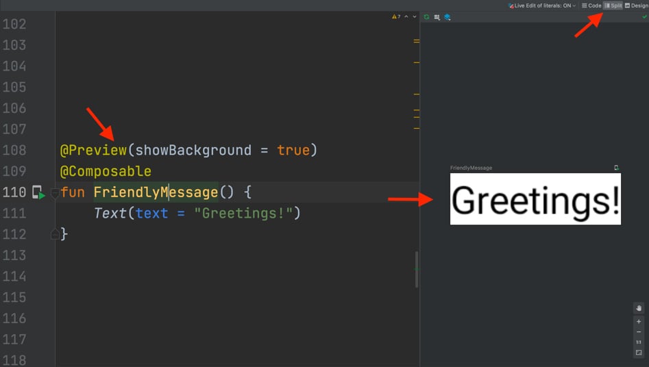 Figure 1.9 – Previewing composable functions in Android Studio
