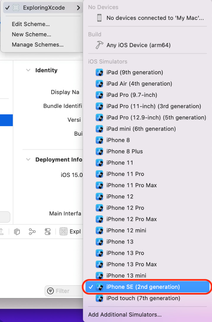 Figure 1.10: Xcode Scheme menu with iPhone SE (2nd generation) selected
