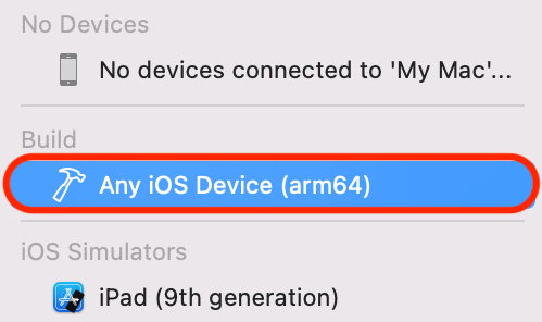 Figure 1.12: Xcode Scheme menu with Any iOS Device (arm64) selected
