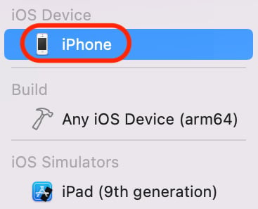 Figure 1.13: Xcode Scheme menu with actual iOS device selected
