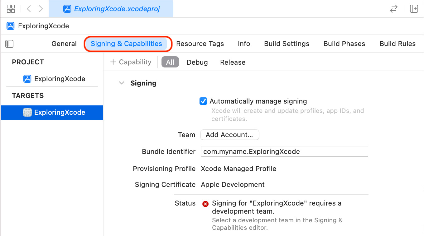 Figure 1.14: Xcode Signing & Capabilities pane
