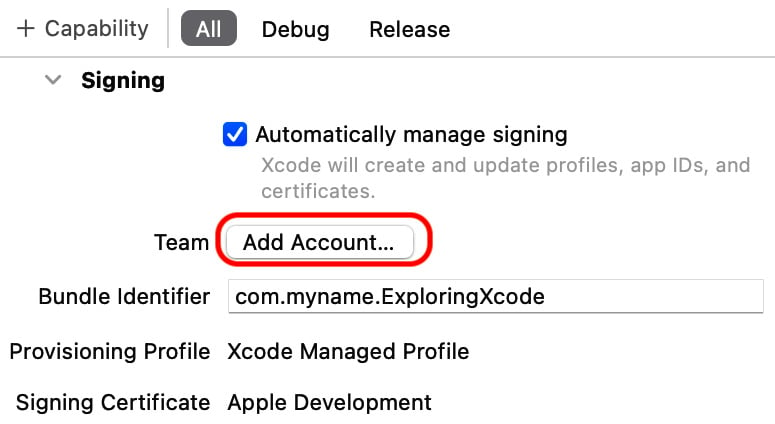 Figure 1.15: Xcode Signing & Capabilities pane with Add Account... button selected
