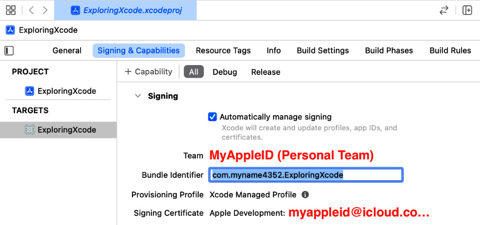 Figure 1.18: Xcode Signing & Capabilities pane with account set
