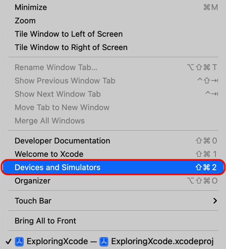 Figure 1.25: Xcode Window menu with Devices and Simulators selected
