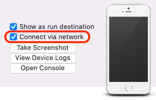 Figure 1.26: Xcode Devices and Simulators Window with Connect via network checked
