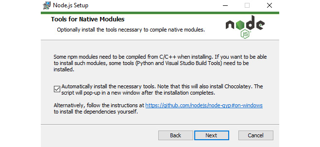 Figure 1.19 – Windows Node.js installer: Tools for Native Modules
