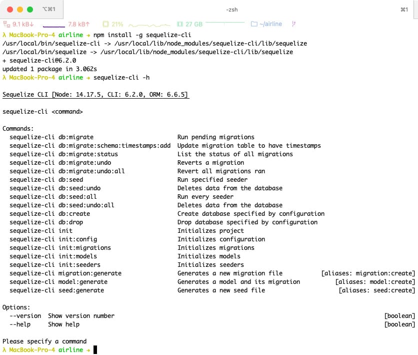 Figure 1.21 – Sequelize CLI installation and help guide
