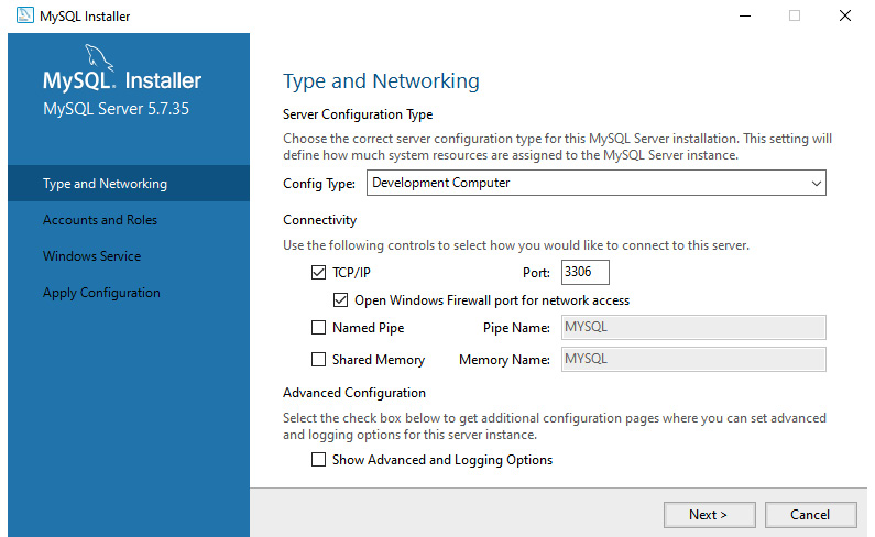 Figure 1.4 – Windows MySQL Installer: Type and Networking
