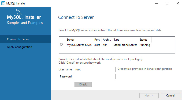 Figure 1.7 – Windows MySQL Installer: Connect To Server
