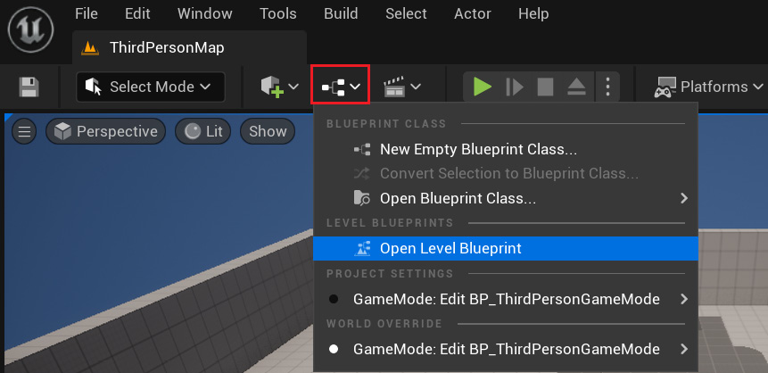 Figure 1.4 – Opening a Level Blueprint 
